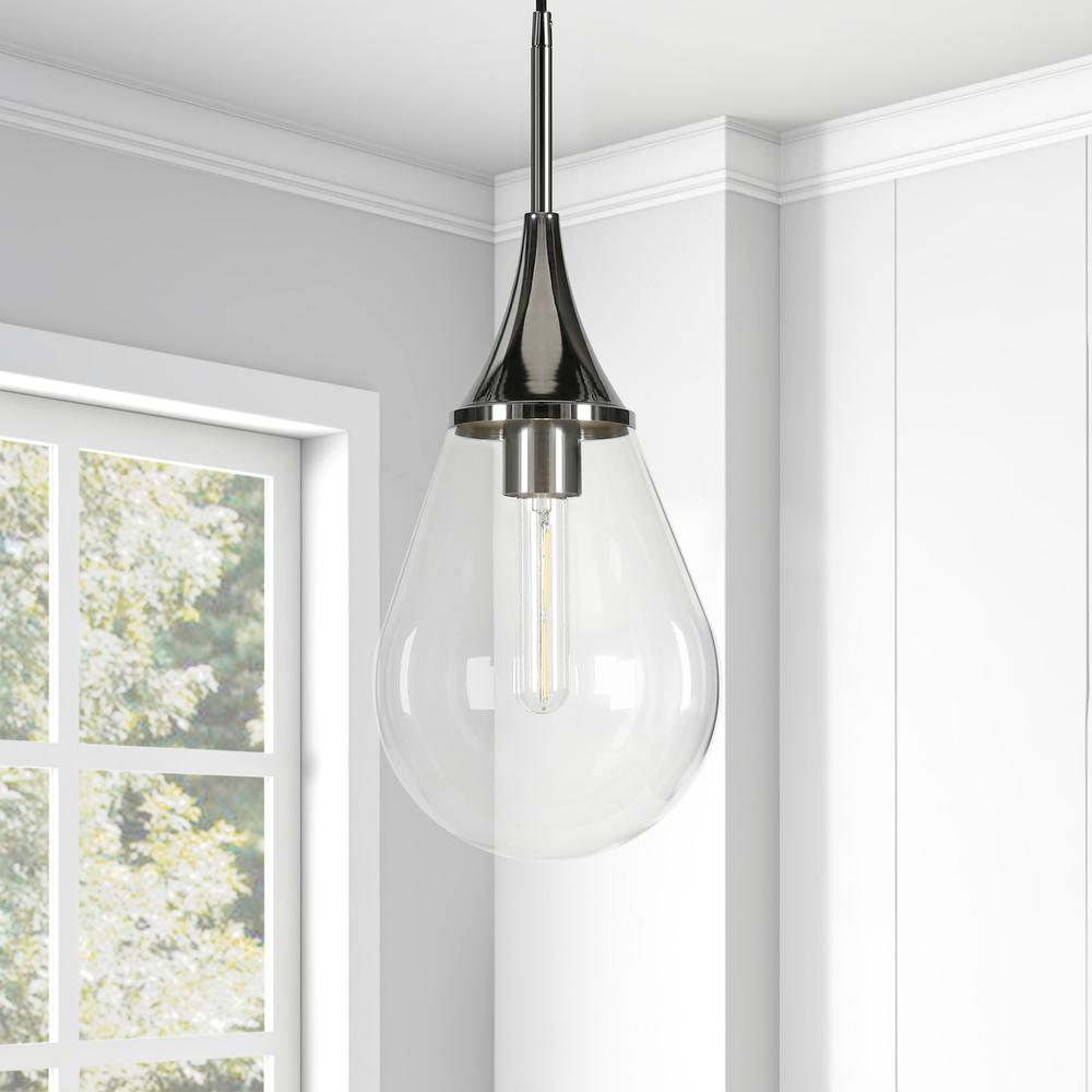 Ambrose 7.63" Wide Pendant with Glass Shade in Polished Nickel/Clear. Picture 2
