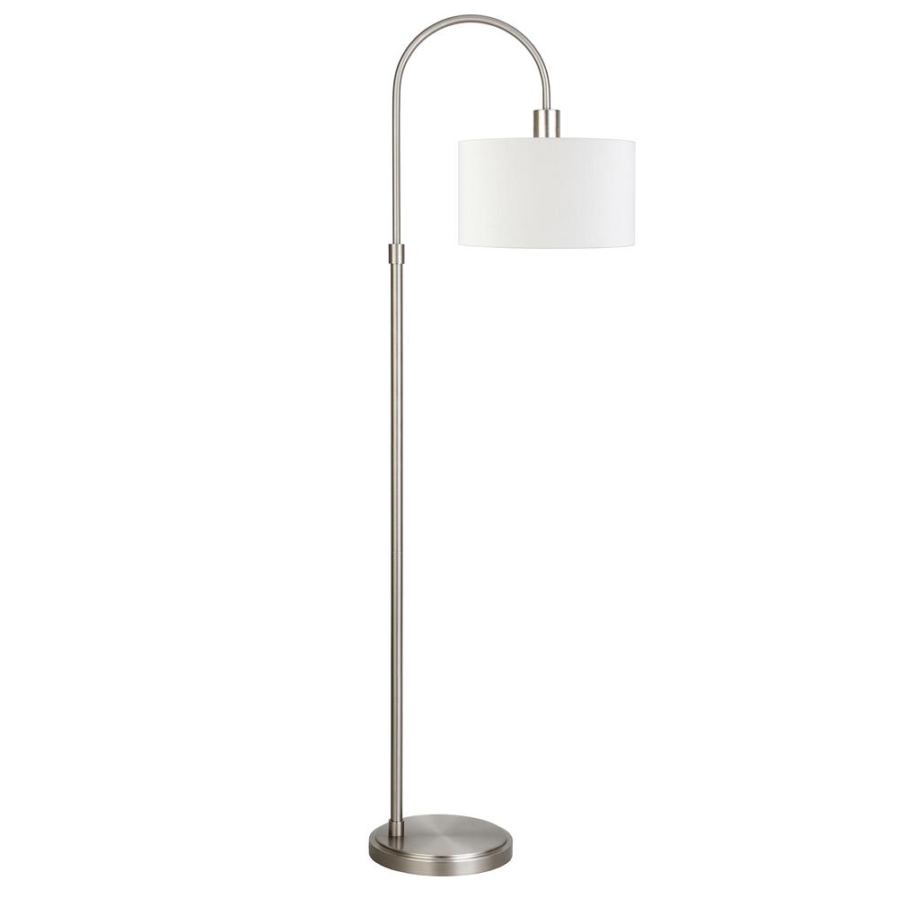 Veronica 70" Tall Arc Floor Lamp with Fabric Shade in Brushed Nickel/White. Picture 1