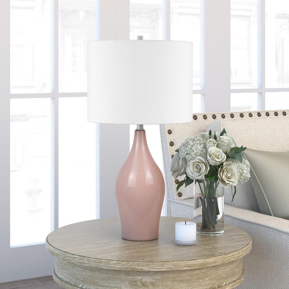 Bella 28.25" Tall Porcelain Table Lamp with Fabric Shade in Rose/White. Picture 2