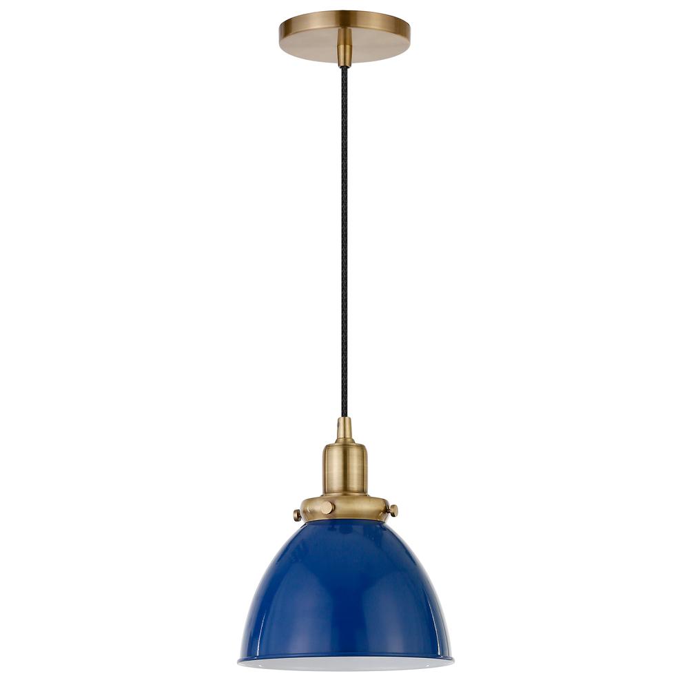 Madison 8" Wide Pendant with Metal Shade in Blue/Brass/Blue. Picture 1