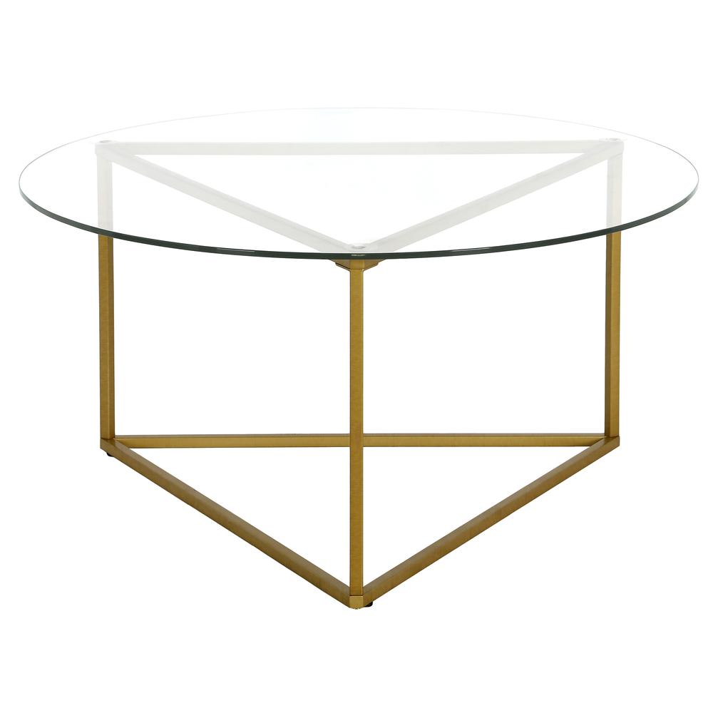 Jenson 35'' Wide Round Coffee Table with Glass Top in Brass. Picture 1
