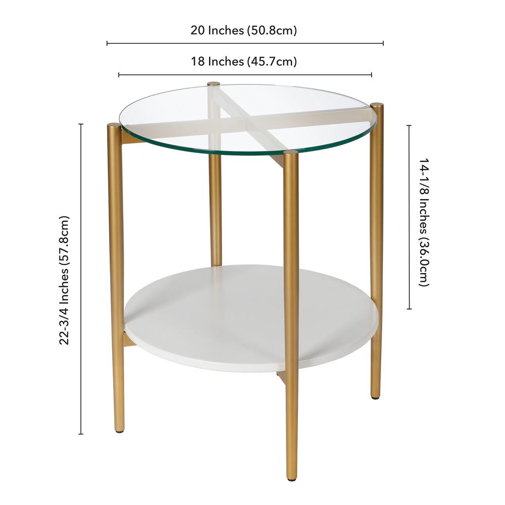 Otto 20'' Wide Round Side Table with MDF Shelf in Brass and White Lacquer. Picture 5