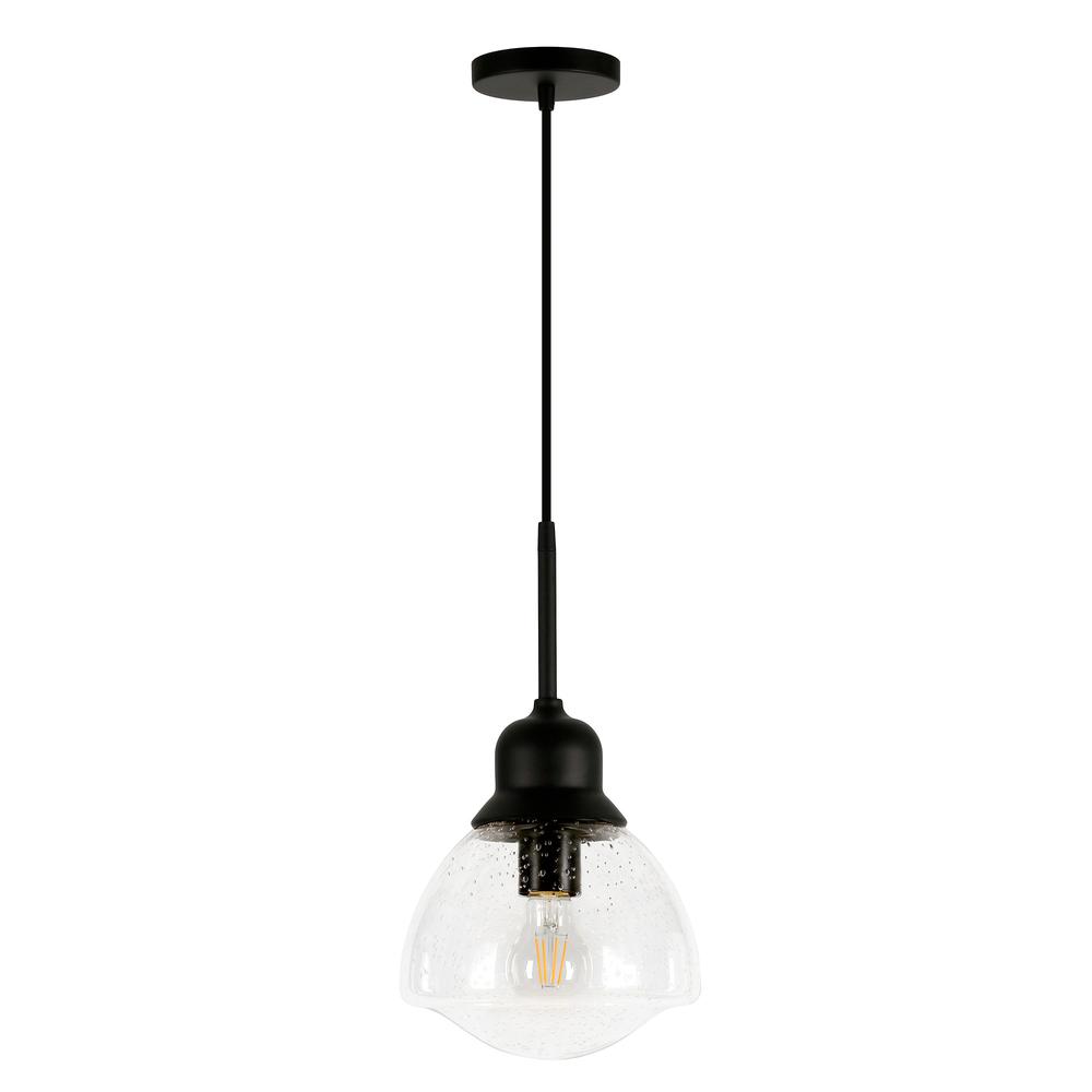 Brooks 8.12" Wide Pendant with Glass Shade in Blackened Bronze /Seeded. Picture 1