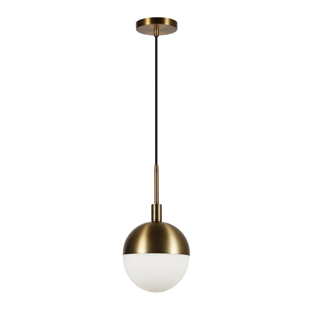 Orb 8" Wide Small Pendant with Glass Shade in Brass/White Milk. Picture 1