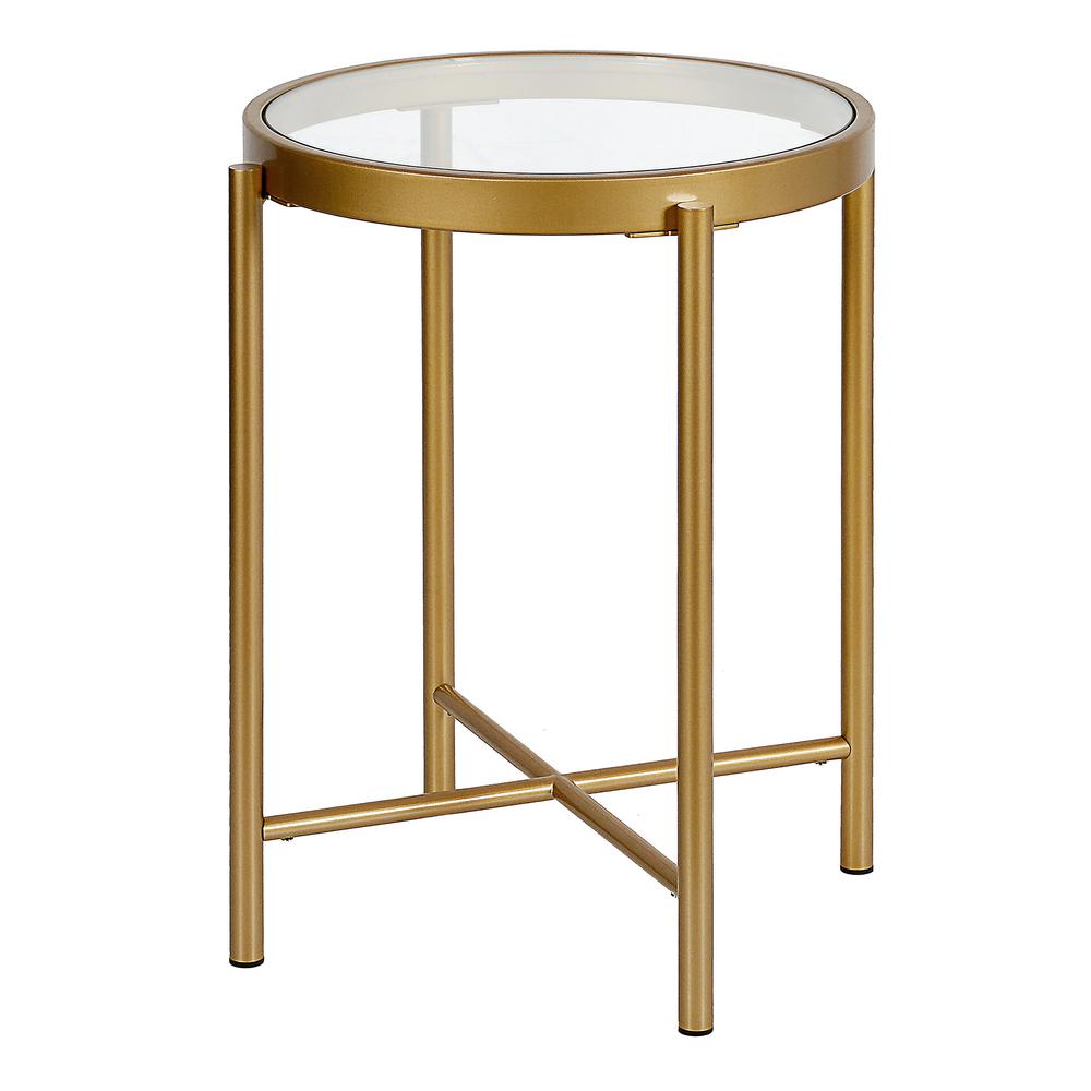 Duxbury 18'' Wide Round Side Table in Brass. Picture 1