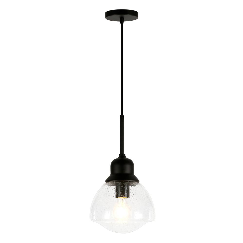 Brooks 8.12" Wide Pendant with Glass Shade in Blackened Bronze /Seeded. Picture 3