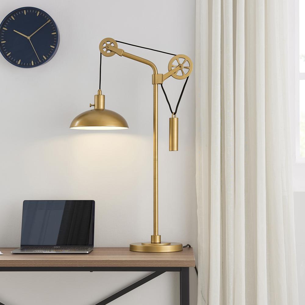Neo 33.5" Tall Spoke Wheel Pulley System Table Lamp with Metal Shade in Brass/Brass. Picture 3