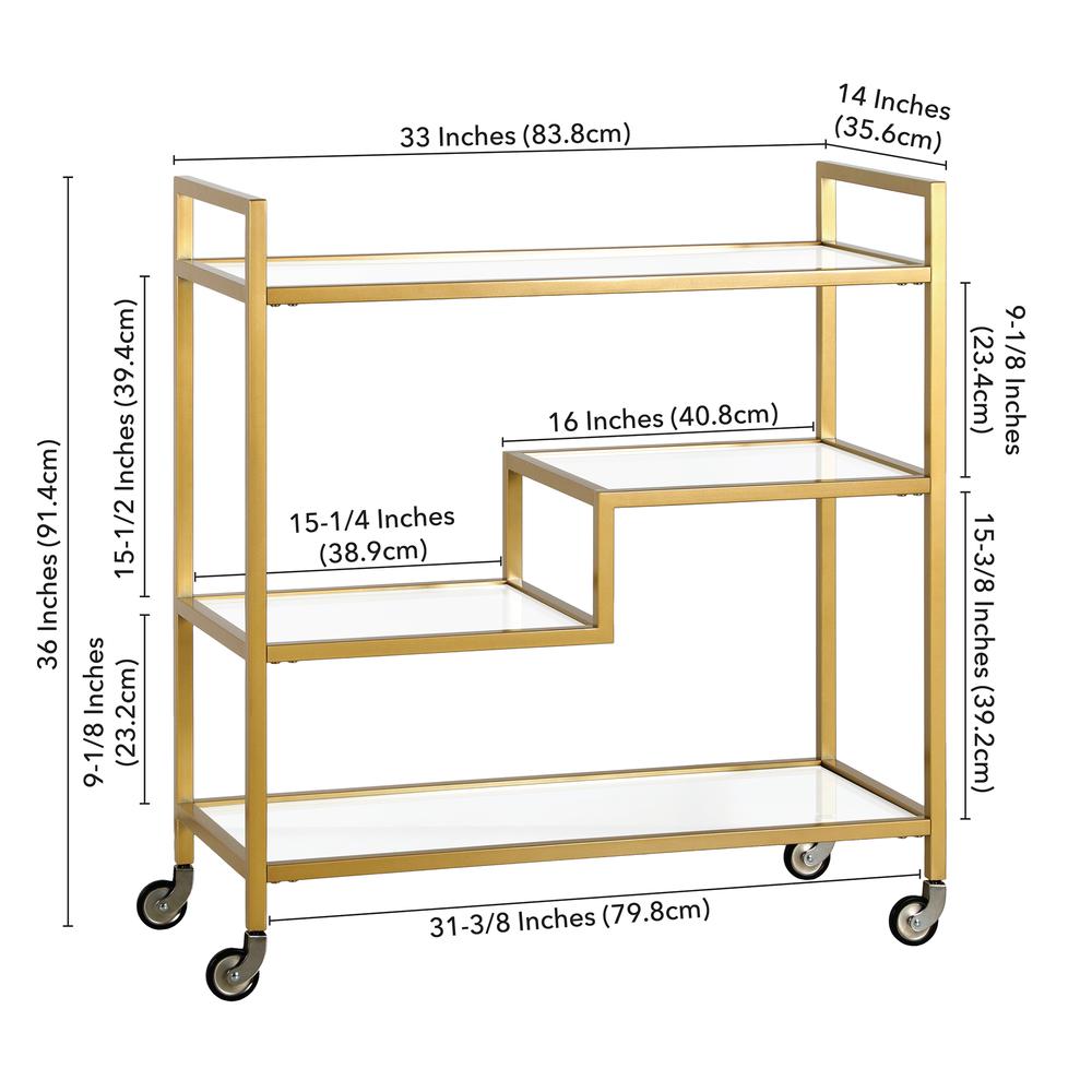 Lovett 33" Wide Rectangular Bar Cart with Glass Shelves in Brass. Picture 5