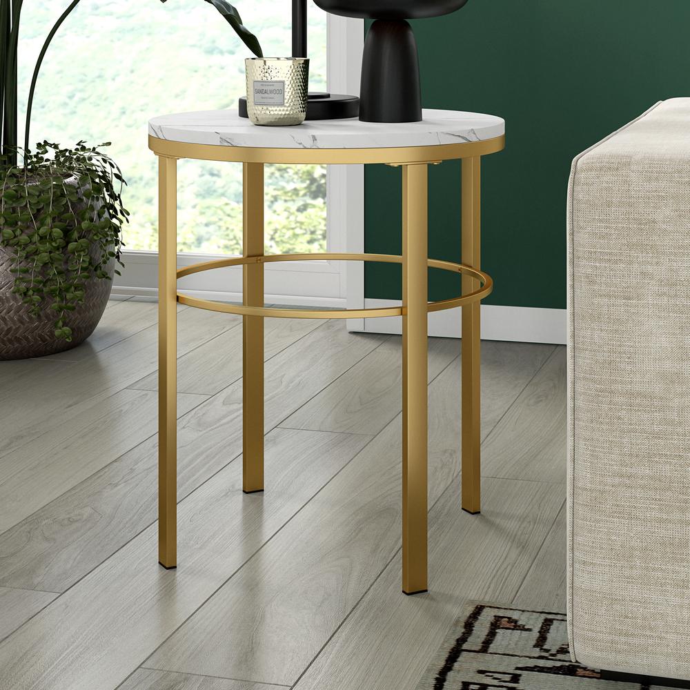 Gaia 20" Wide Round Side Table with Faux Marble Top in Brass/Faux Marble. Picture 2