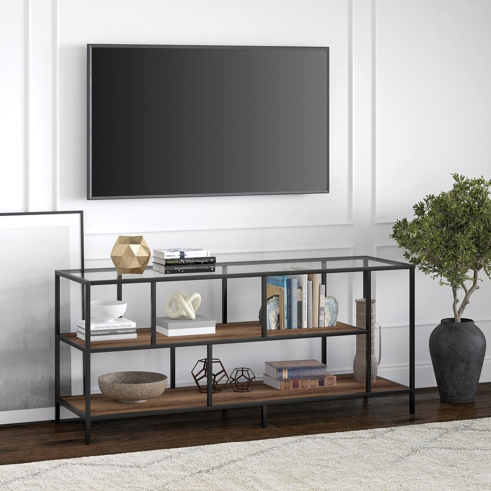Winthrop Rectangular TV Stand with MDF Shelves for TV's up to 60" in Blackened Bronze/Rustic Oak. Picture 2