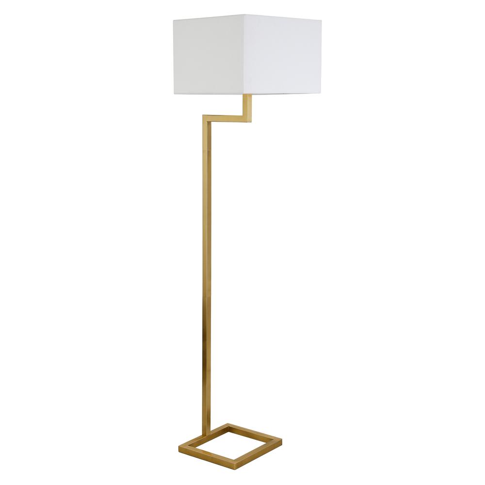 Xavier 64" Tall Floor Lamp with Fabric Shade in Brass/White. Picture 1