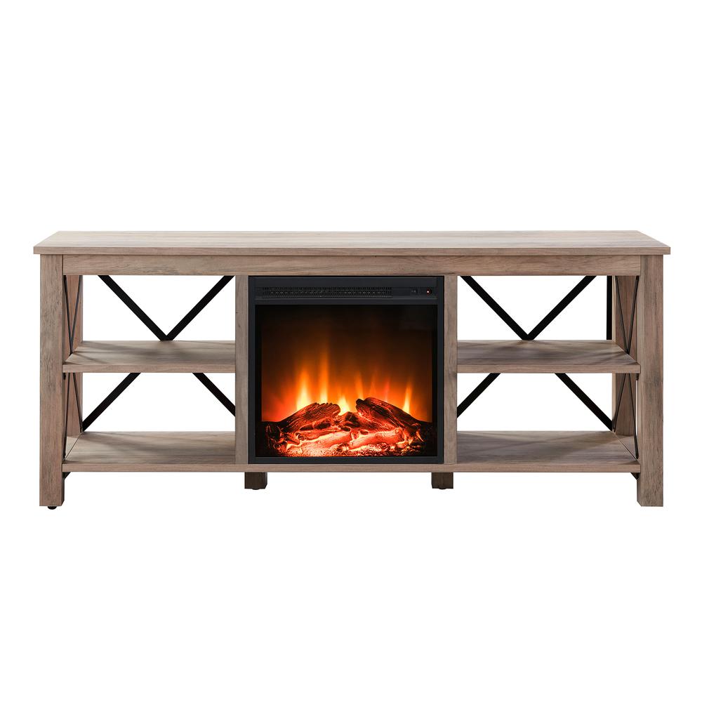 Sawyer Rectangular TV Stand with Log Fireplace for TV's up to 65" in Gray Oak. Picture 3