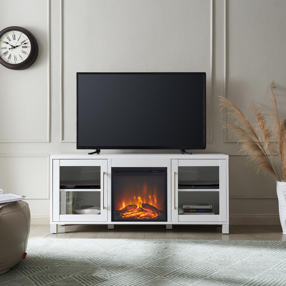 Quincy Rectangular TV Stand with Log Fireplace for TV's up to 65" in White. Picture 4