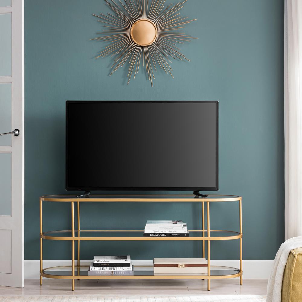 Leif Oval TV Stand for TV's up to 60" in Brass. Picture 4