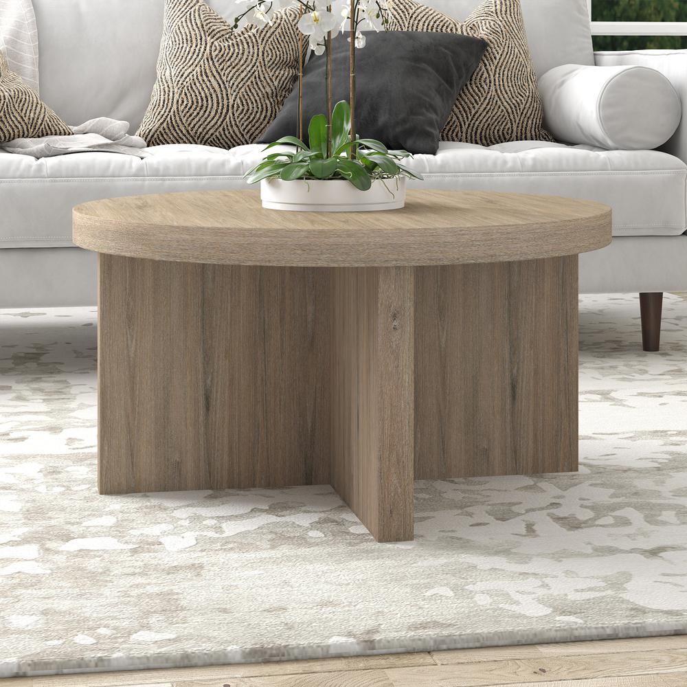 Elna 33" Wide Round Coffee Table in Antiqued Gray Oak. Picture 4