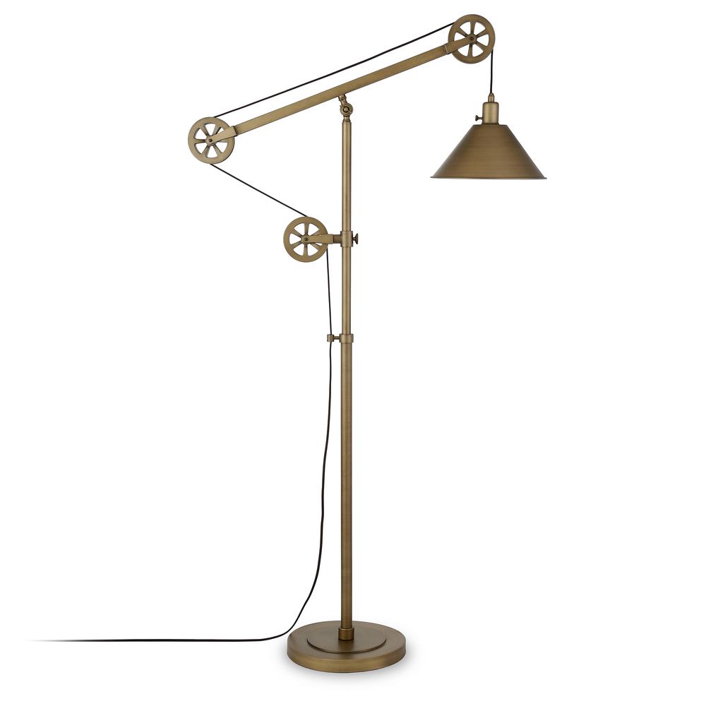 Descartes Pulley System Floor Lamp with Metal Shade in Antique Brass/Antique Brass. Picture 1