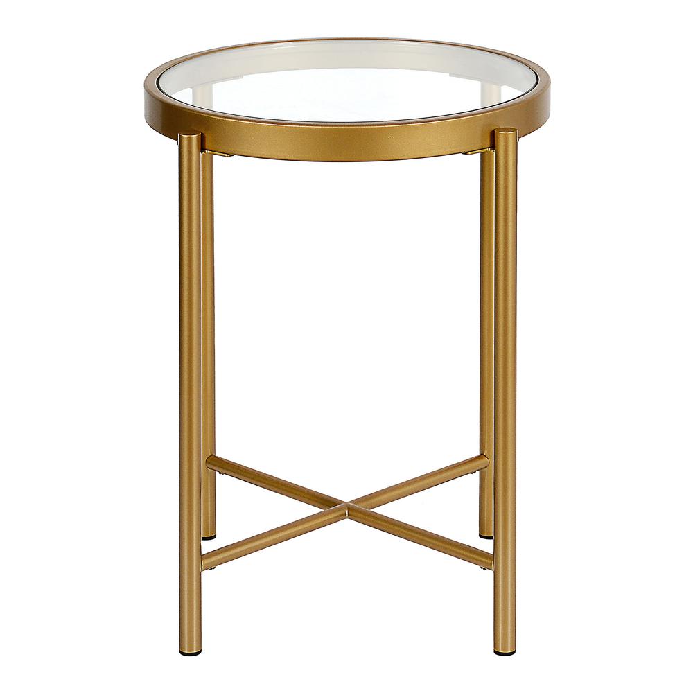 Duxbury 18'' Wide Round Side Table in Brass. Picture 3