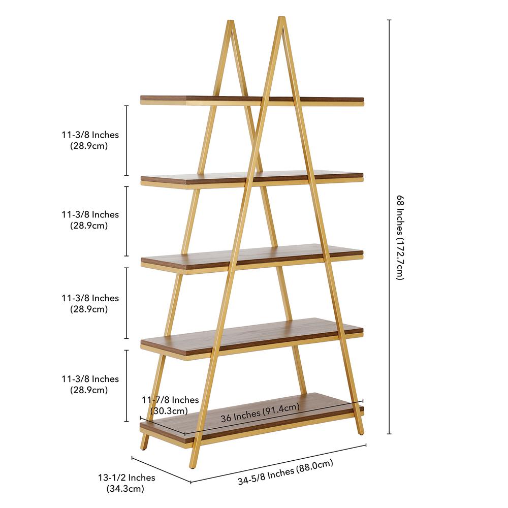 Conry 68'' Tall A-Frame Bookcase in Gold/Walnut. Picture 5