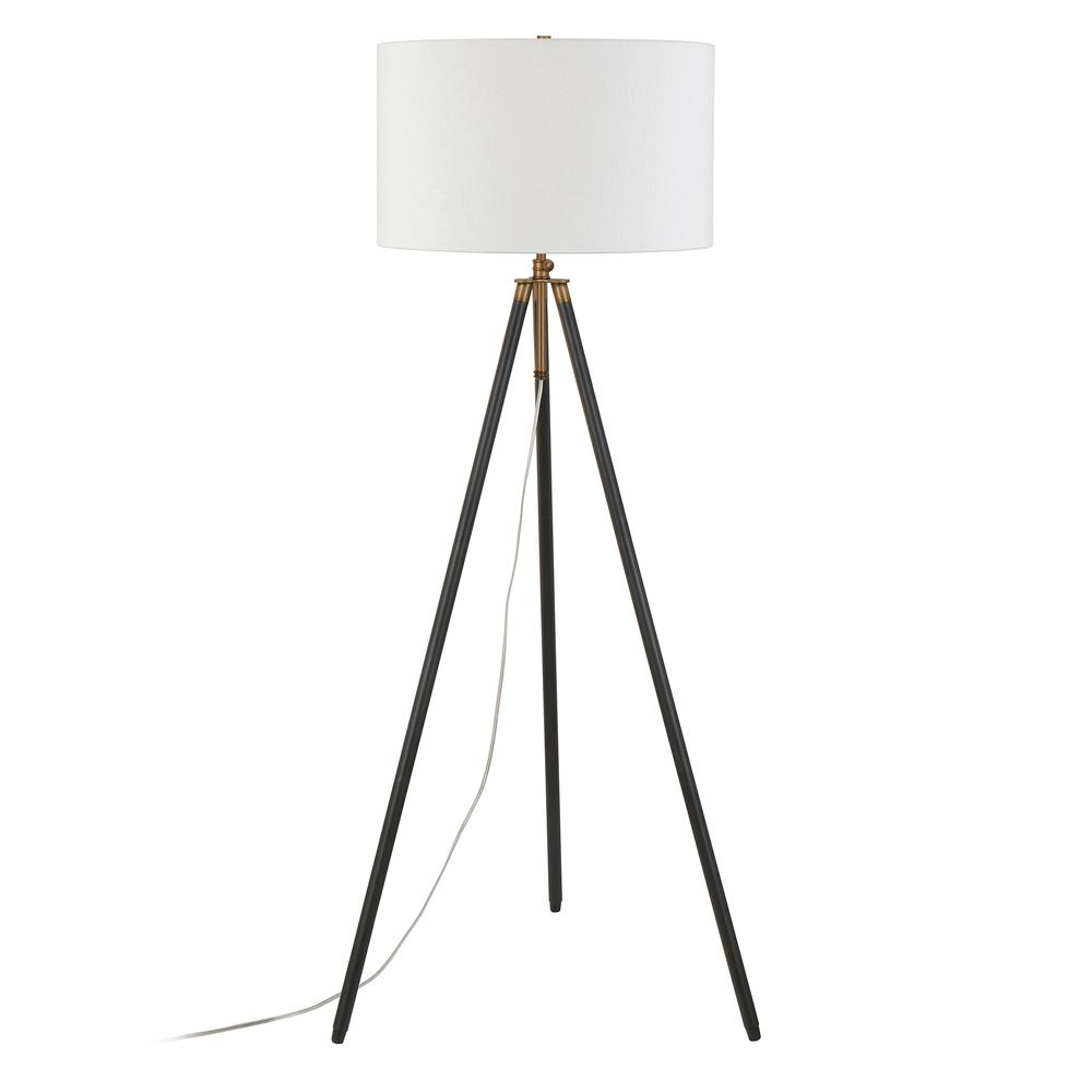 Kahn Two-Tone Floor Lamp with Fabric Shade in Blackened Bronze/Antique Brass/White. Picture 3