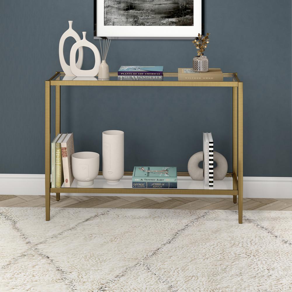 Hera 42'' Wide Rectangular Console Table with Clear Shelf in Antique Brass. Picture 2