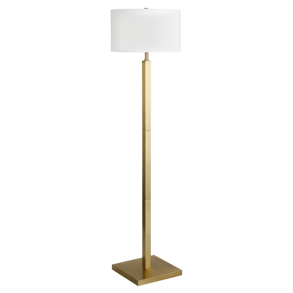 Flaherty 62.32" Tall Floor Lamp with Fabric Shade in Brass/White. Picture 1