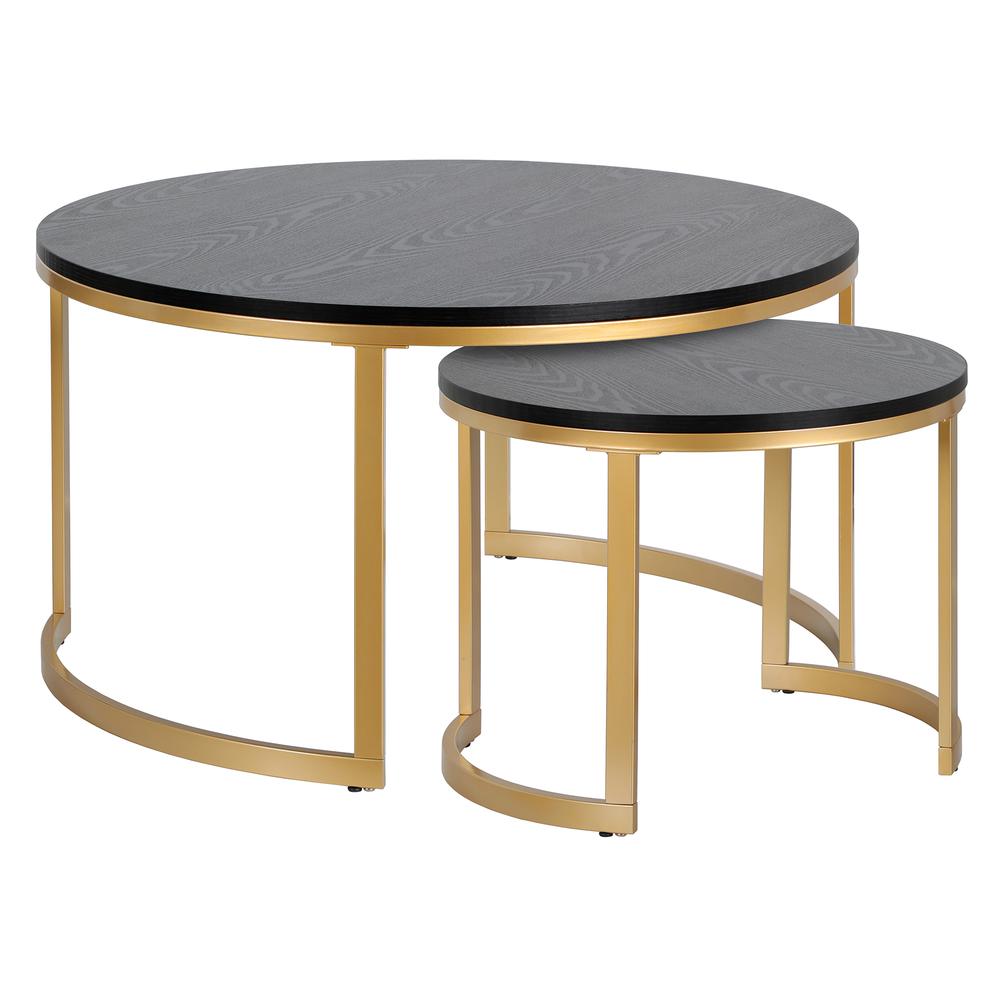 Mitera Round Nested Coffee Table with MDF Top in Brass/Black Grain. Picture 1