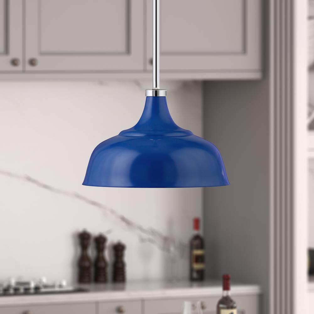 Mackenzie 10.75" Wide Pendant with Metal Shade in Blue/Polished Nickel/Blue. Picture 2