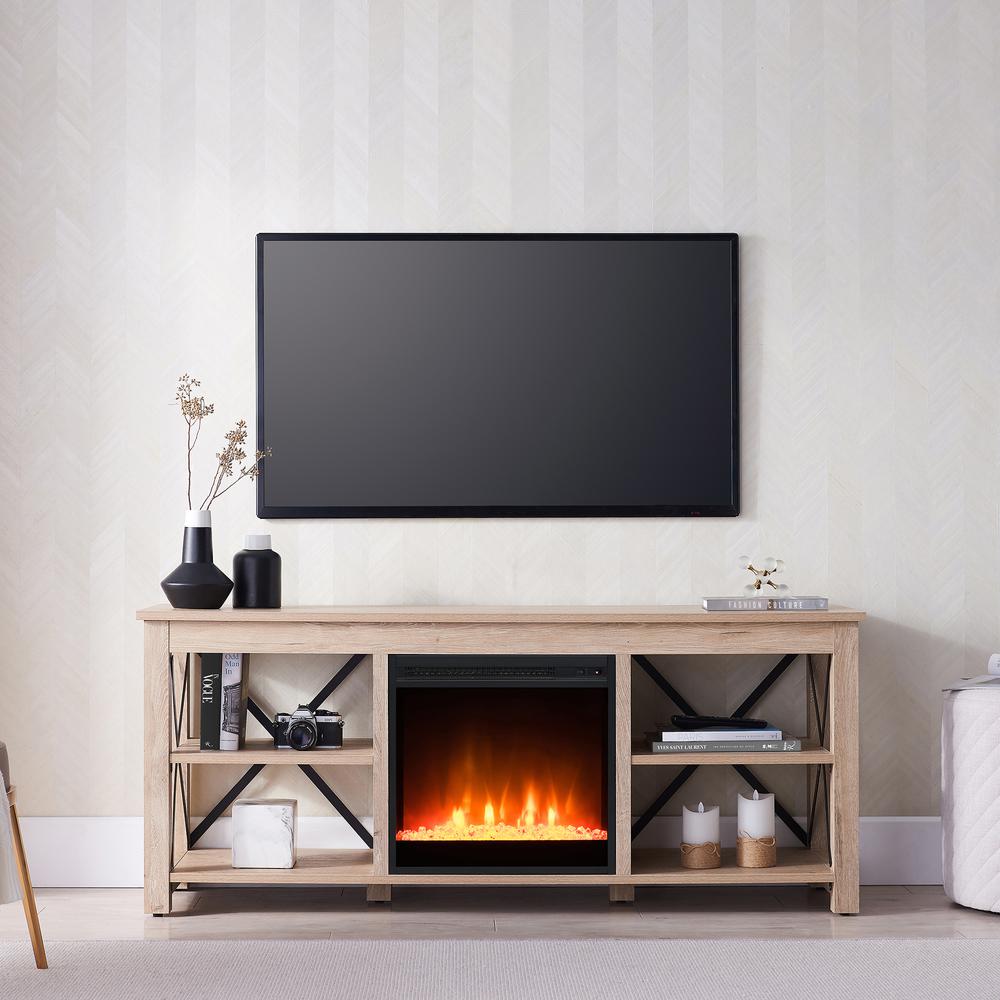 Sawyer Rectangular TV Stand with Crystal Fireplace for TV's up to 65" in White Oak. Picture 4