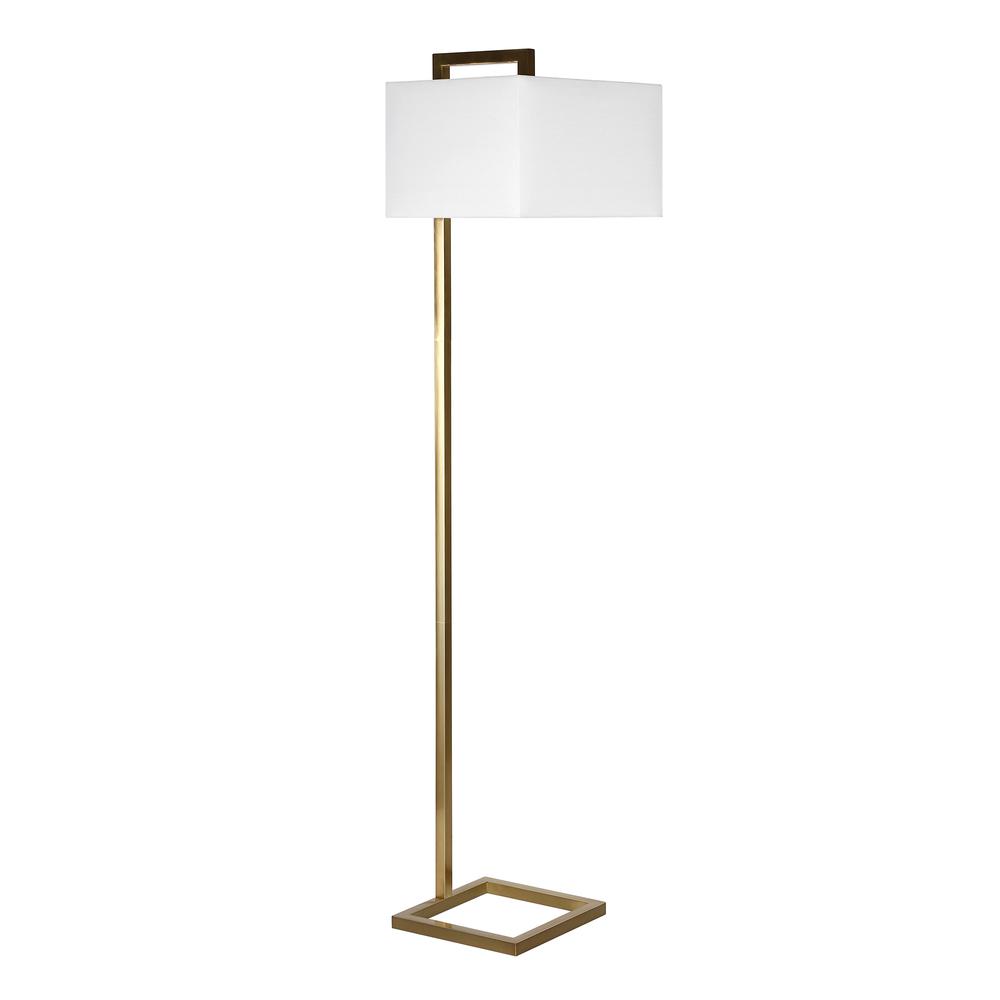 Grayson 68" Tall Floor Lamp with Fabric Shade in Brass/White. Picture 1