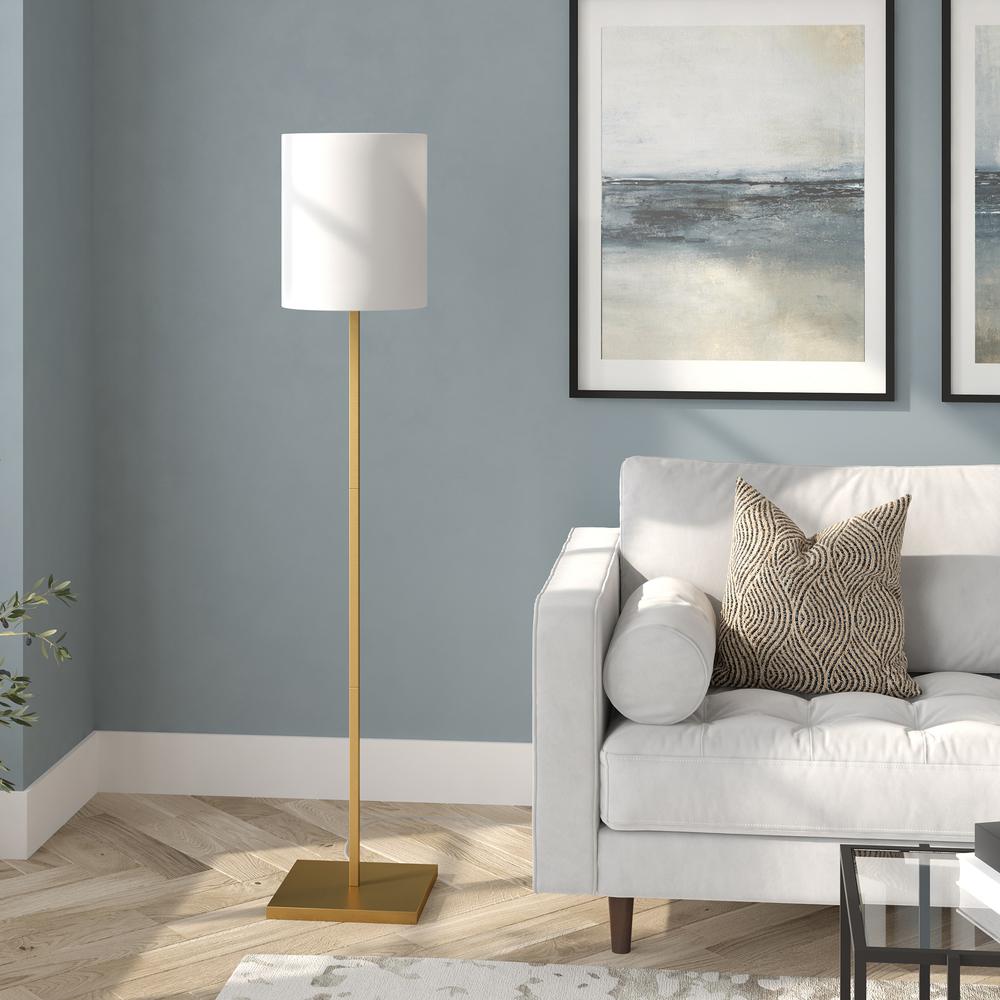 Braun Square Base Floor Lamp with Fabric Shade in Brass/White. Picture 2
