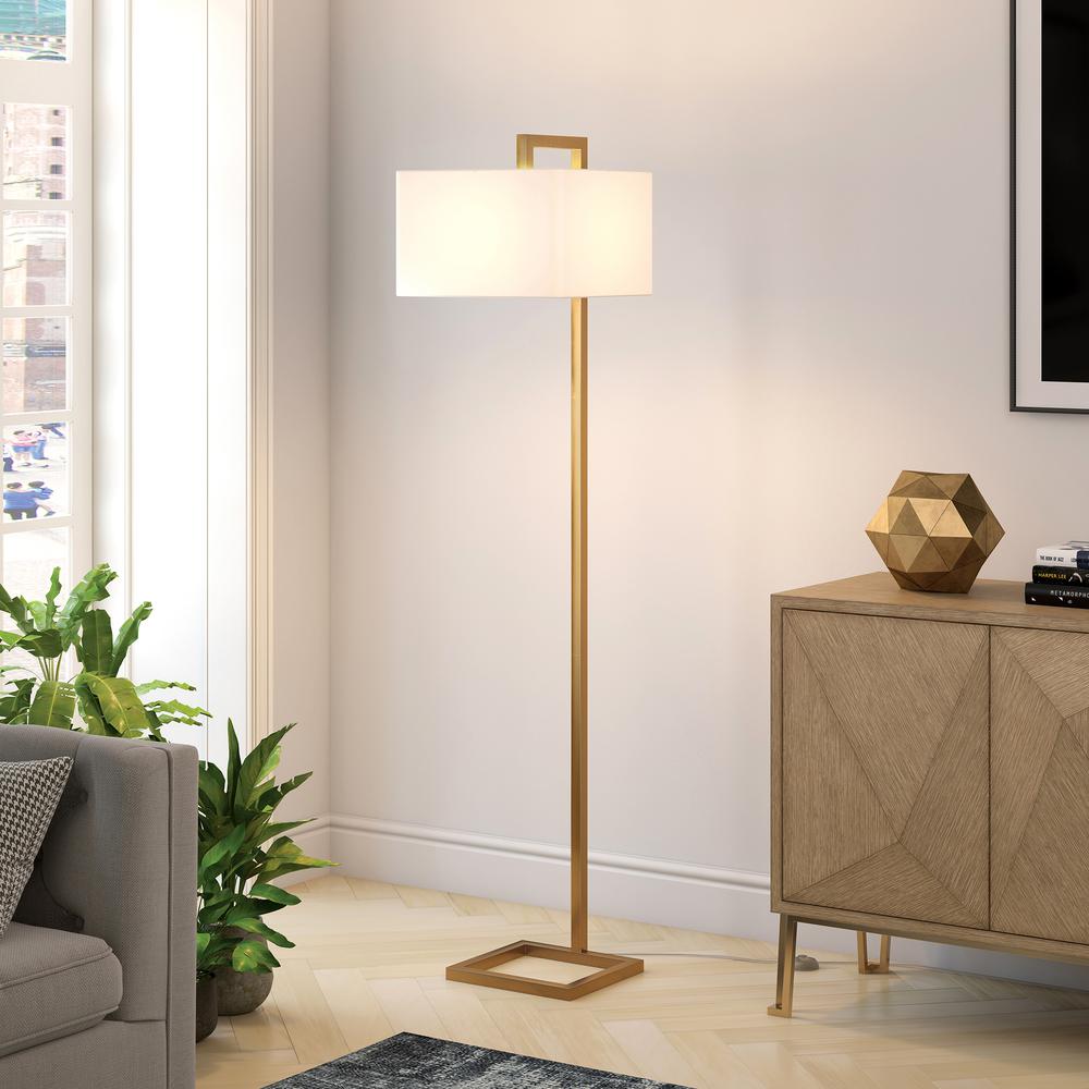 Grayson 68" Tall Floor Lamp with Fabric Shade in Brass/White. Picture 3