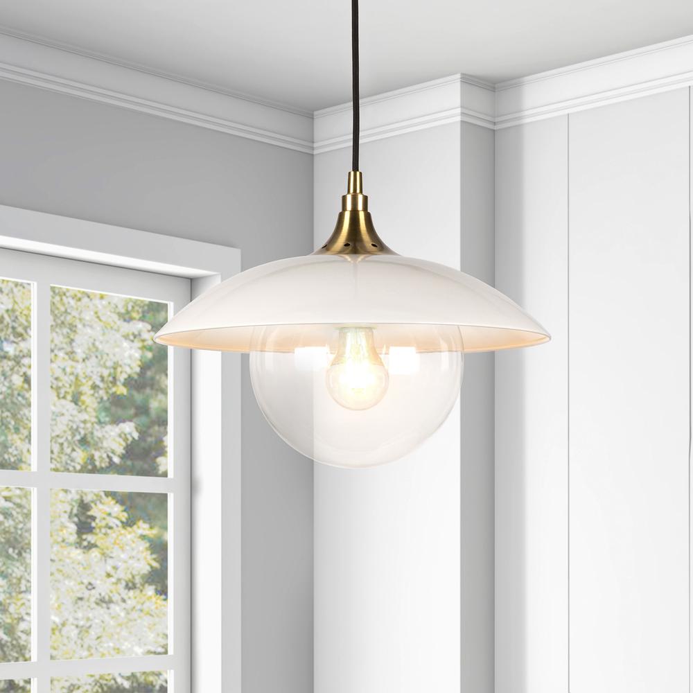 Alvia 14.5" Wide Pendant with Metal/Glass Shade in Pearled White/Brass/Pearled White. Picture 5