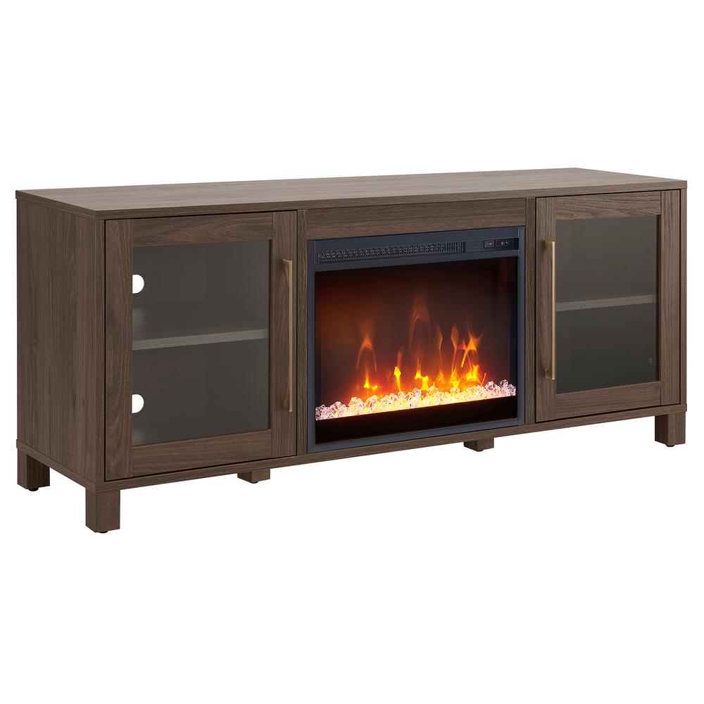 Quincy Rectangular TV Stand with Log Fireplace for TV's up to 65" in Alder Brown. Picture 1