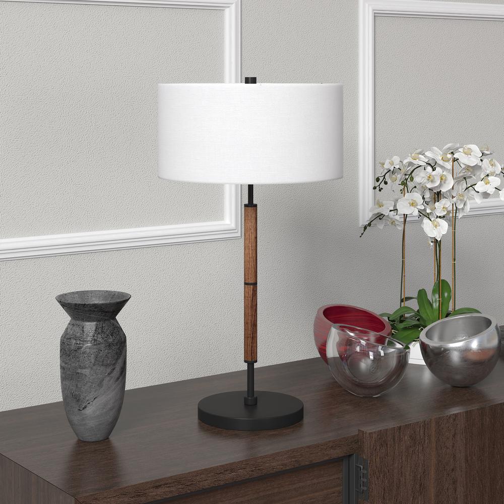 Simone 25" Tall 2-Light Table Lamp with Fabric Shade in Blackened Bronze/Rustic Oak/White. Picture 2