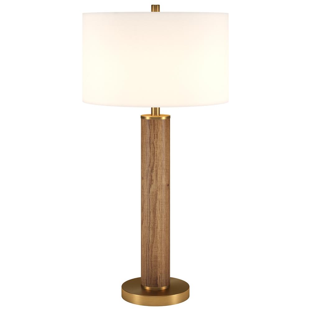 Harlow 29" Tall Table Lamp with Fabric Shade in Rustic Oak/Brass/White. Picture 3