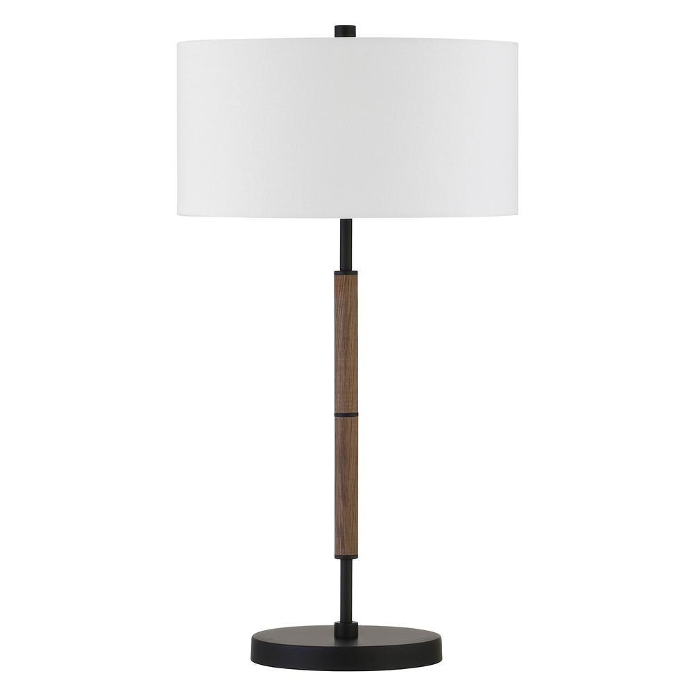 Simone 25" Tall 2-Light Table Lamp with Fabric Shade in Blackened Bronze/Rustic Oak/White. Picture 1