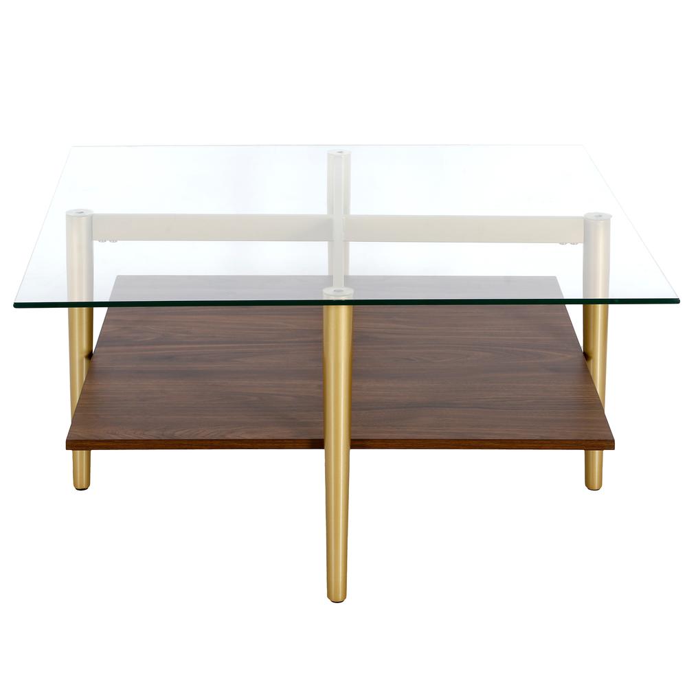Otto 32" Wide Square Coffee Table with Faux Walnut Shelf in Brass. Picture 3