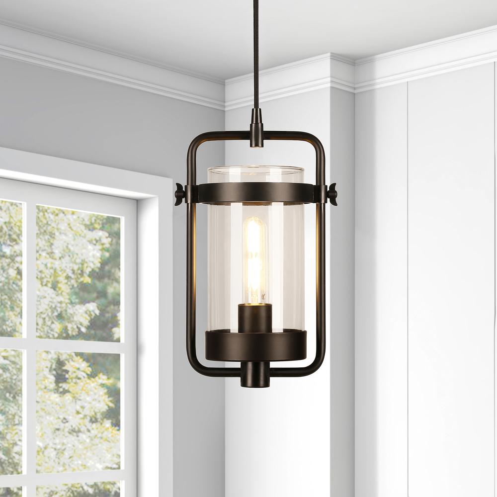 Orion 11" Wide Industrial Pendant with Glass Shade in Blackened Bronze/Clear. Picture 2