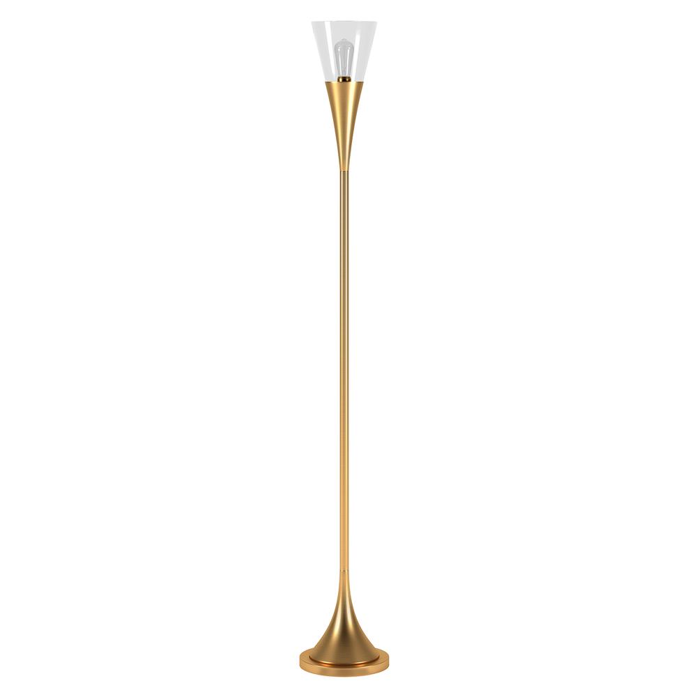 Moura Torchiere Floor Lamp with Glass Shade in Brass/Clear. Picture 1