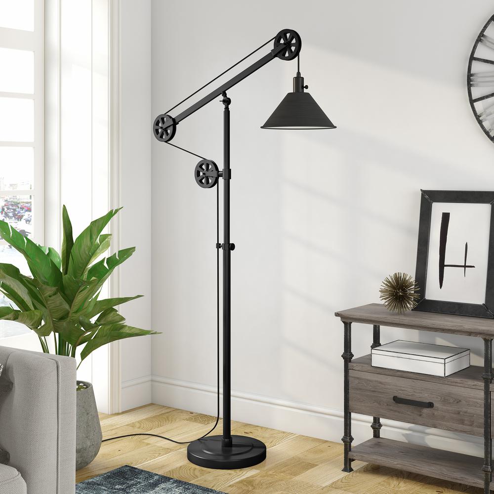 Descartes Pulley System Floor Lamp with Metal Shade in Blackened Bronze/Blackened Bronze. Picture 2