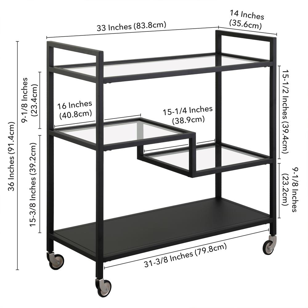 Lovett 33" Wide Rectangular Bar Cart with Glass and Metal Shelves in Blackened Bronze. Picture 5