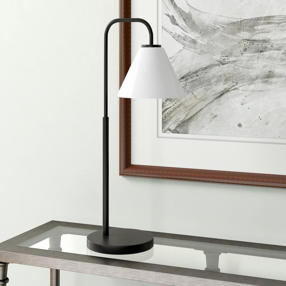 Henderson 27" Tall Arc Table Lamp with Glass Shade in Blackened Bronze/White Milk. Picture 2