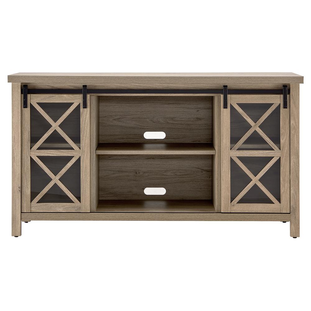 Clementine Rectangular TV Stand for TV's up to 65" in Antiqued Gray Oak. Picture 3