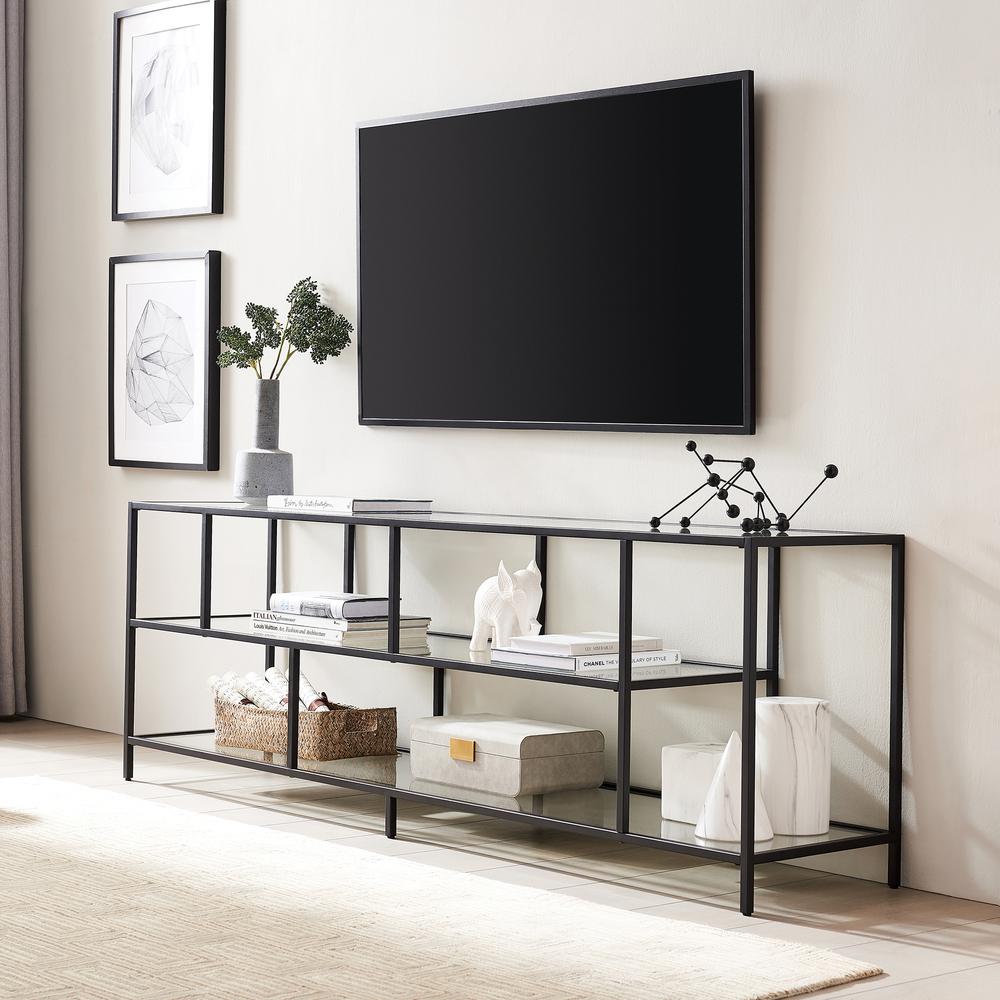 Winthrop Rectangular TV Stand with Glass Shelves for TV's up to 80" in Blackened Bronze. Picture 3