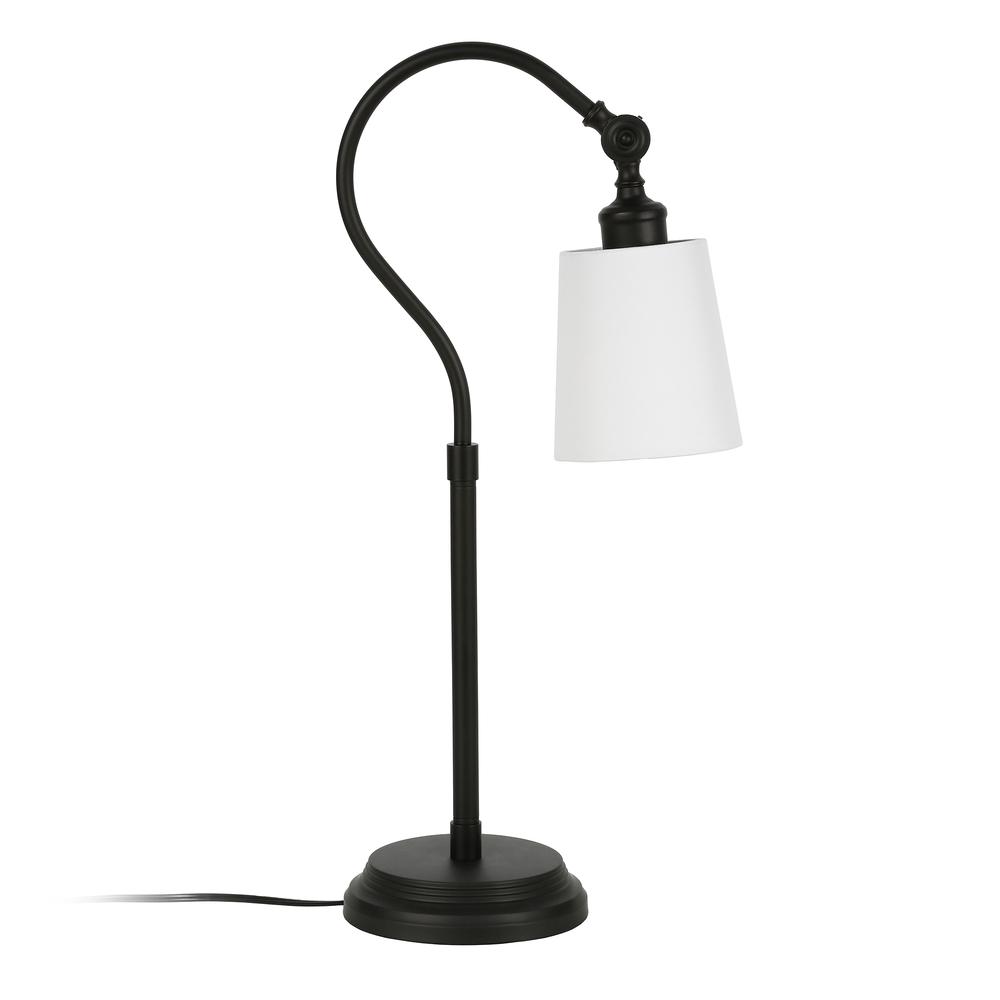 Harland 25" Tall Arc Table Lamp with Fabric Shade in Blackened Bronze/White. Picture 3