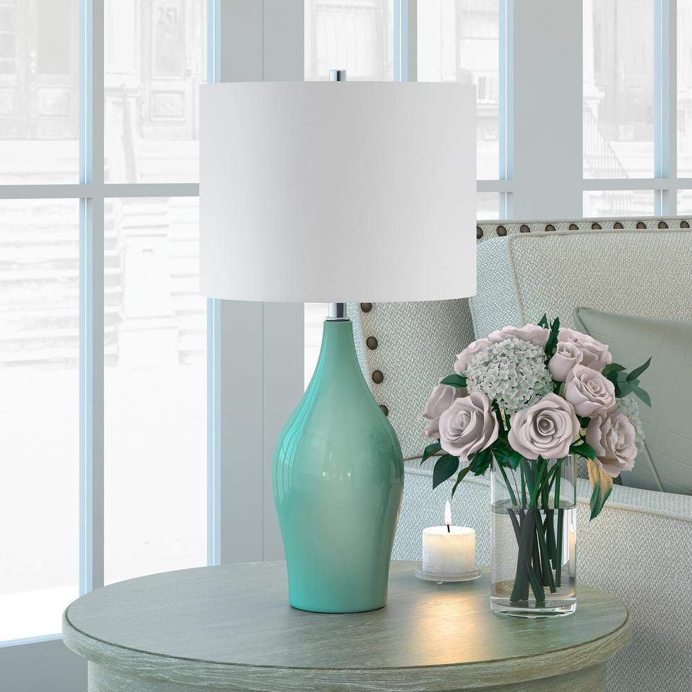 Bella 28.25" Tall Porcelain Table Lamp with Fabric Shade in Teal Porcelain/White. Picture 2