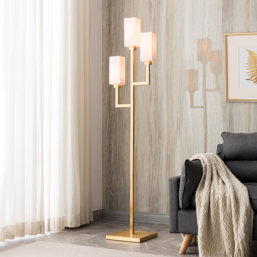 Basso 3-Light Torchiere Floor Lamp with Fabric Shade in Brass/White. Picture 2