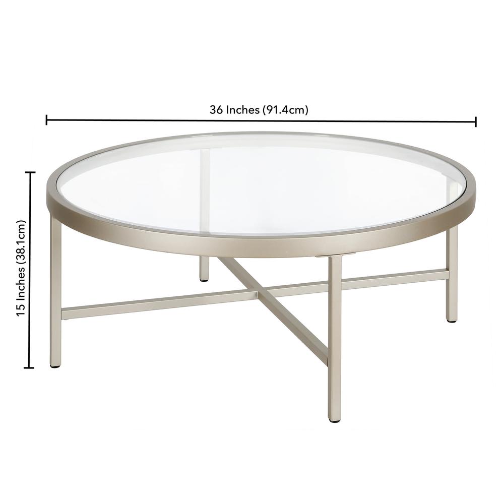 Xivil 36'' Wide Round Coffee Table with Glass Top in Satin Nickel. Picture 5