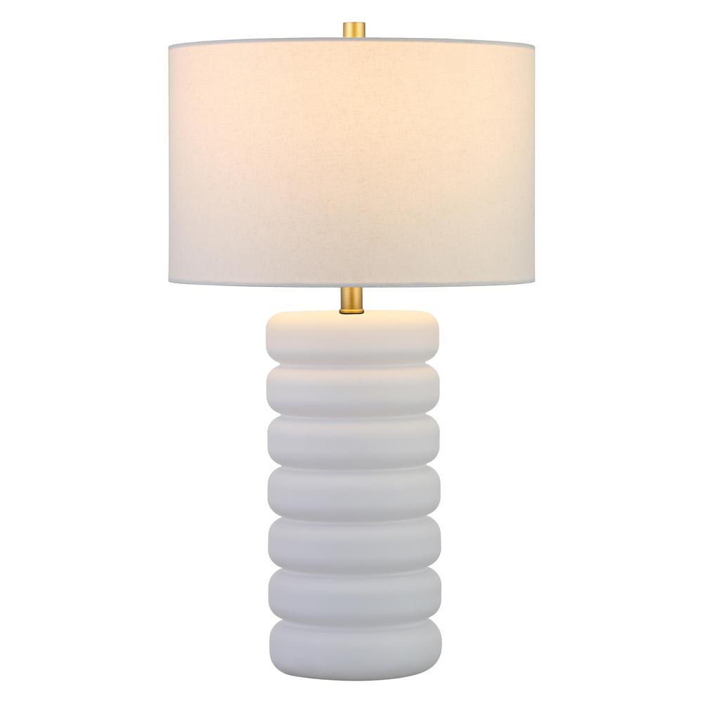Zelda 25" Tall Ceramic Bubble Body Table Lamp with Fabric Shade in Matte White/Brass/White. Picture 3