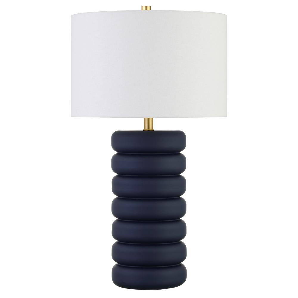 Zelda 25" Tall Ceramic Bubble Body Table Lamp with Fabric Shade in Matte Navy/Brass/White. Picture 1